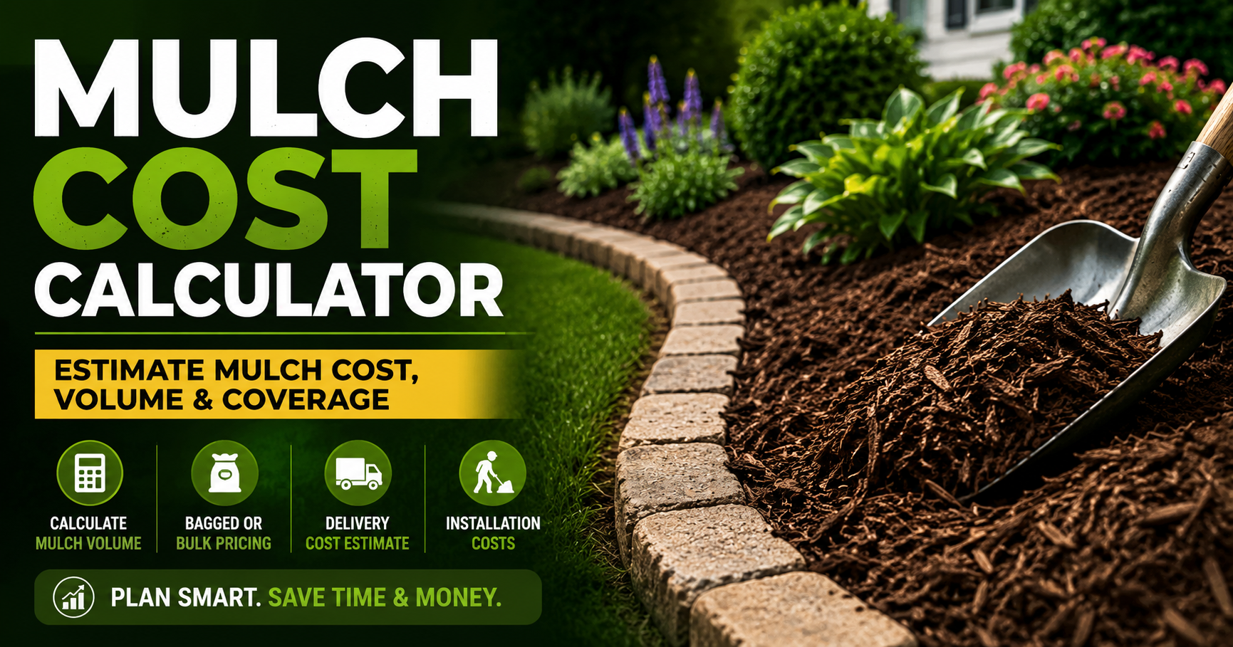 Mulch cost calculator showing mulch volume, coverage, delivery, and installation cost estimates